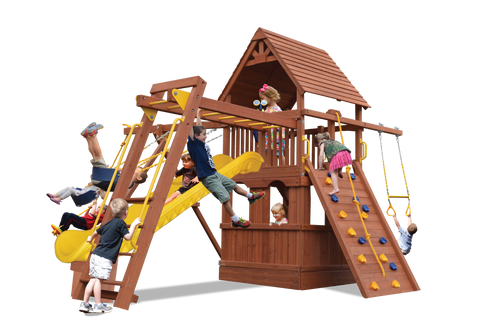 Playground One Premier Fort Swing Set with 5.5' Platform, Playhouse, and Monkey Bars