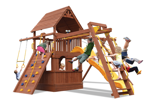 Playground One Premier Fort Swing Set with 5' Platform, Playhouse, and Monkey Bars